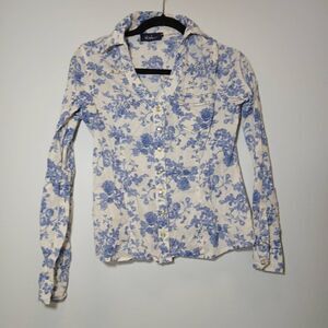 Wish women medium y2k shirt pearl snap Rockabilly western blue floral tab sleev
